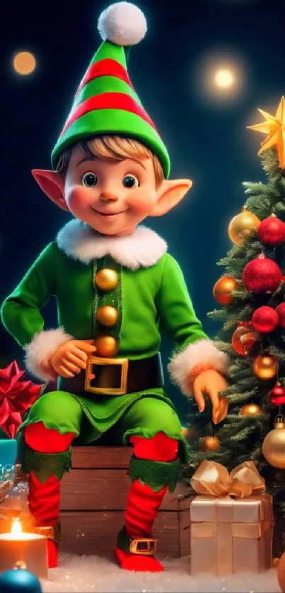 Colorful Christmas elf with decorations on wallpaper.