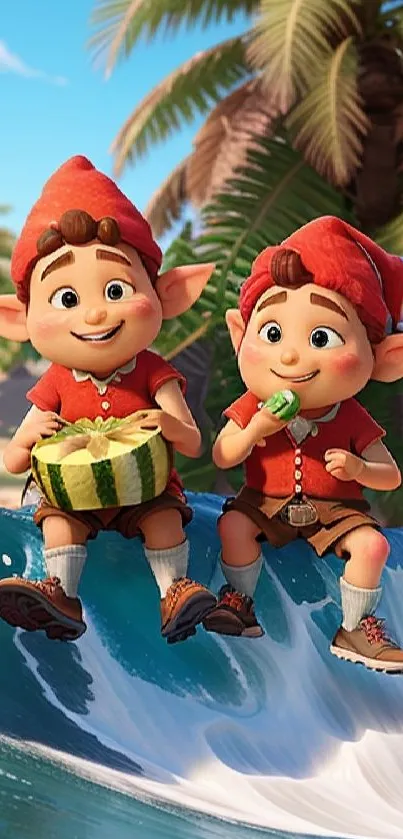 Two cheerful elves in festive attire on a sunny beach with waves.