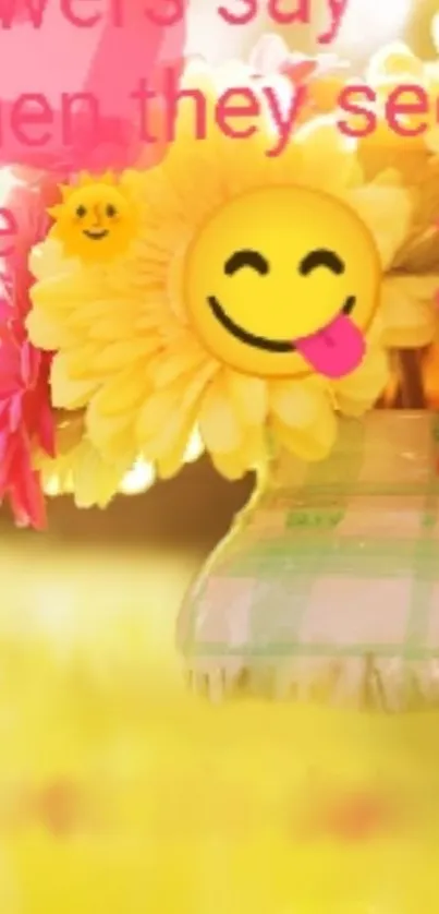 Cheerful emoji on vibrant sunflower wallpaper.