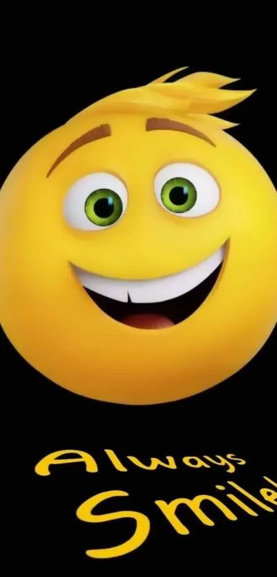 Smiling yellow emoji on black wallpaper