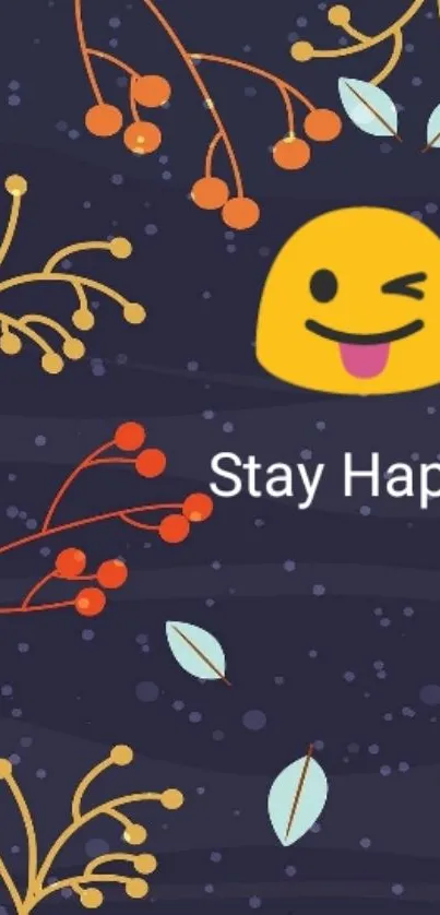 Playful emoji mobile wallpaper with floral design and 'Stay Happy' text.