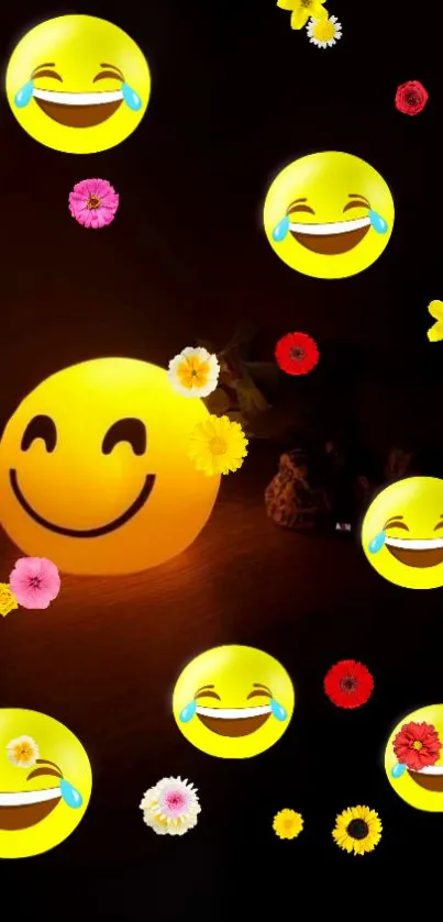 Smiling emojis and flowers on a dark background wallpaper.