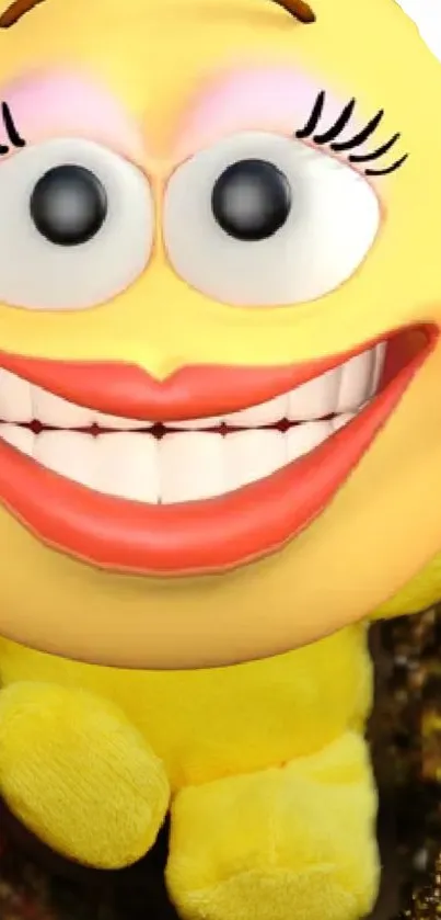 Cheerful emoji plush with wide smile on yellow background.