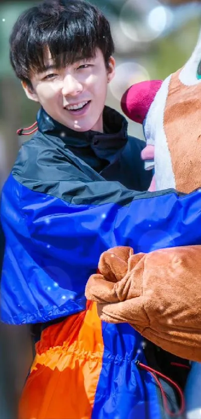 Cheerful person in blue hugging a colorful character.