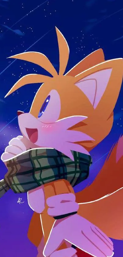 Animated fox character in a starry night sky, wearing a scarf.