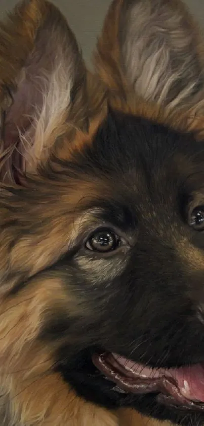 Realistic German Shepherd portrait with warm, rich brown tones in mobile wallpaper.