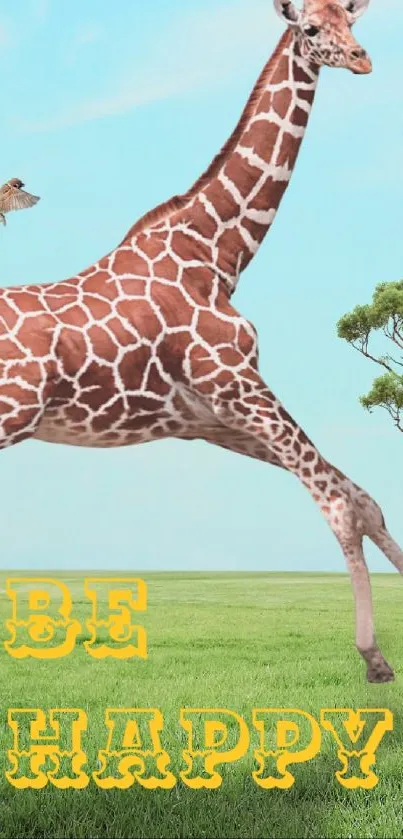 Joyful giraffe leaping with 'Be Happy' text against a blue sky.