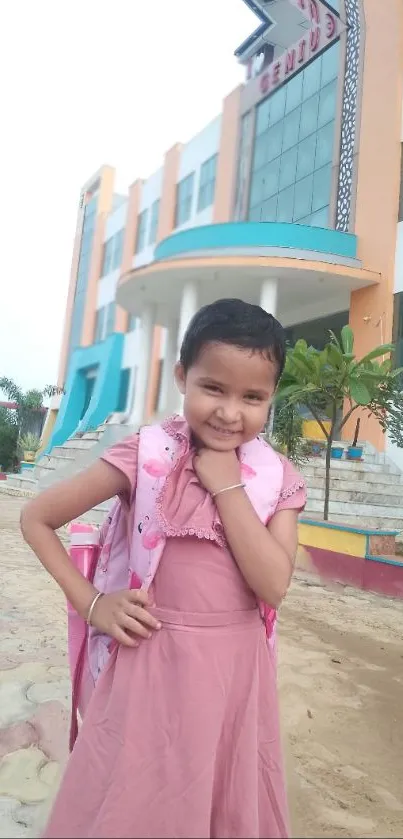 Cheerful young girl in a pink dress by a modern building.