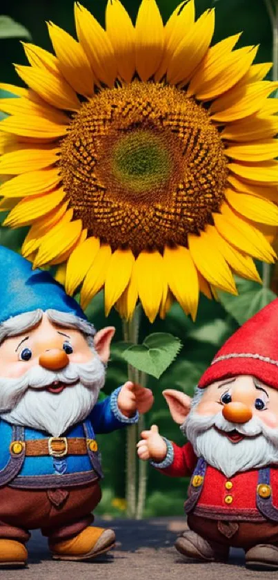 Two cheerful gnomes in front of a bright sunflower, perfect for a lively wallpaper.