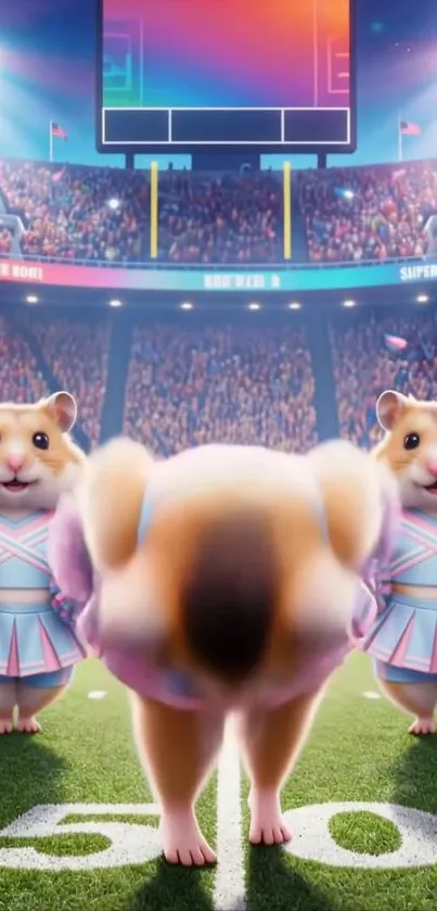 Cheerful cartoon hamsters in cheerleader outfits at a stadium.