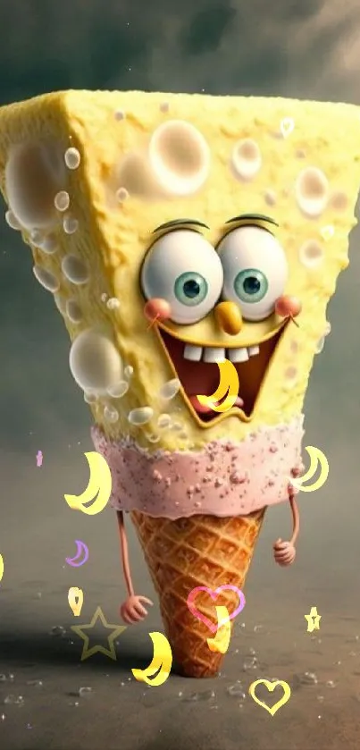 Cheerful ice cream cone character on a playful wallpaper.