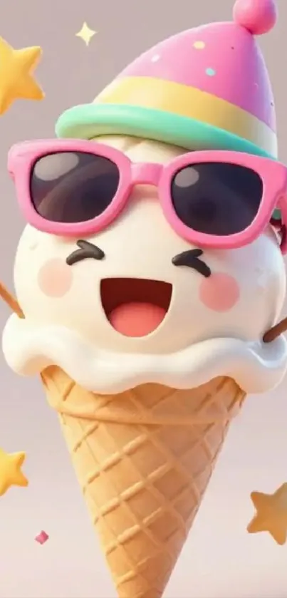 Cartoon ice cream cone wearing glasses and party hat.