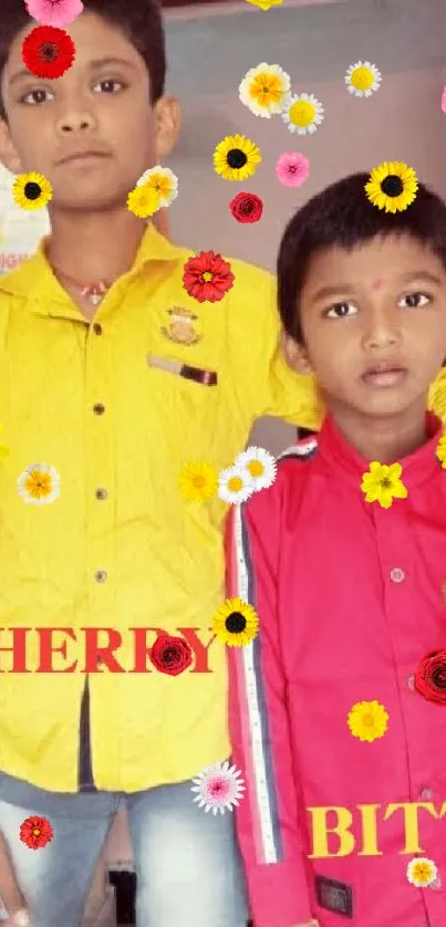 Two smiling kids in vibrant yellow and red shirts posing indoors.