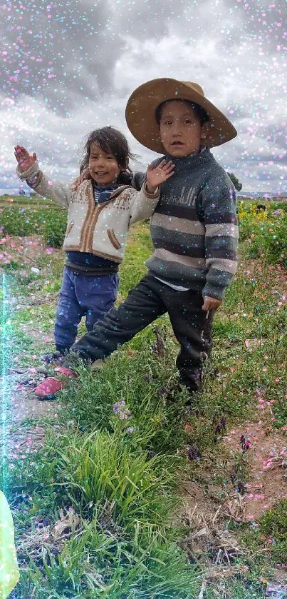 Two children playing outdoors in a rural landscape.