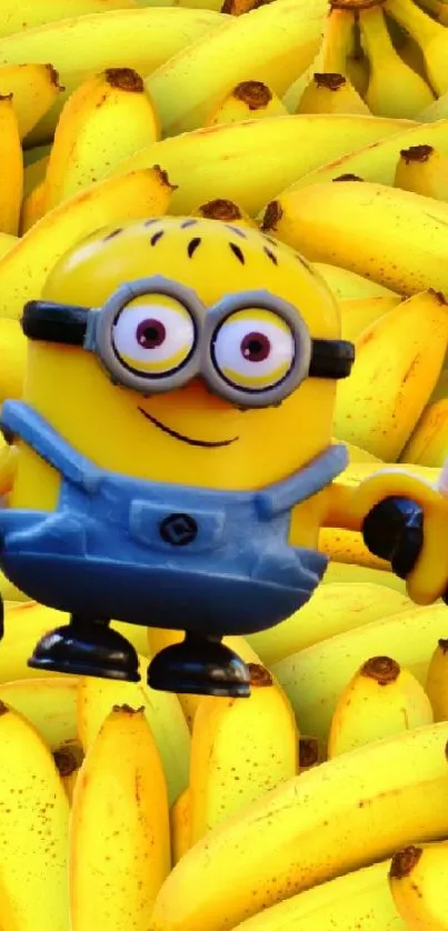 Minion amidst yellow bananas holding one.