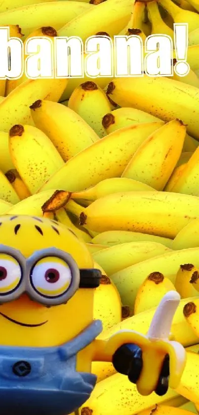 Playful minion amidst a pile of yellow bananas.