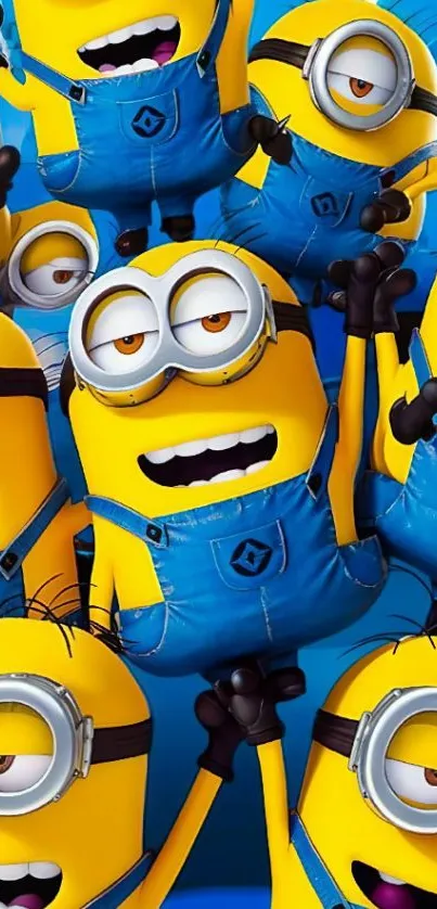 Cheerful minion characters in blue overalls.