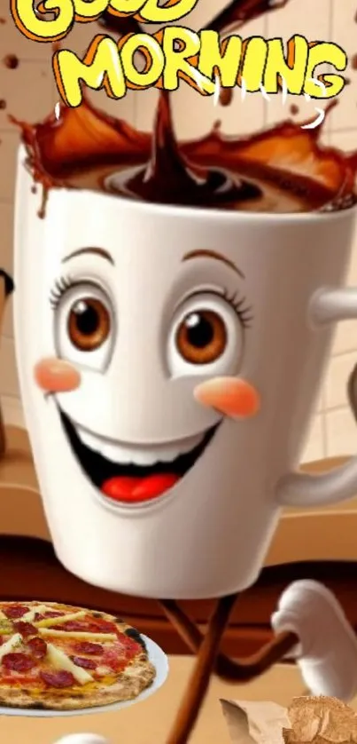 Animated coffee cup character wishing good morning with a smile.