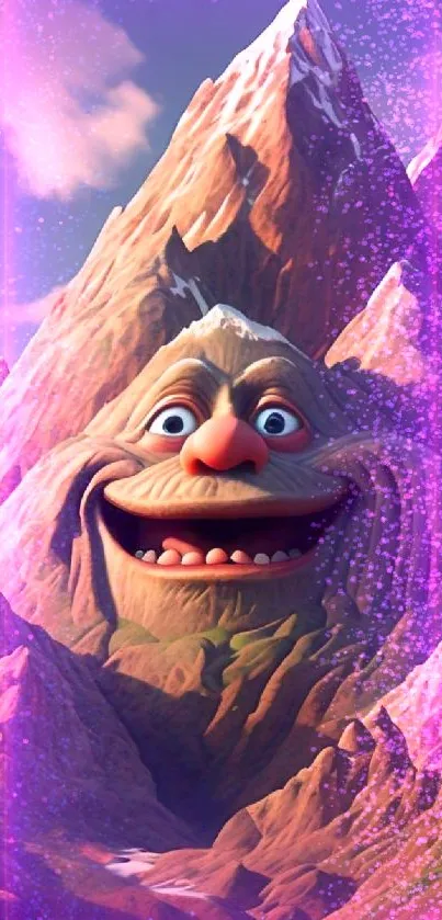 A mountain with a smiling, whimsical face on a sunny day.