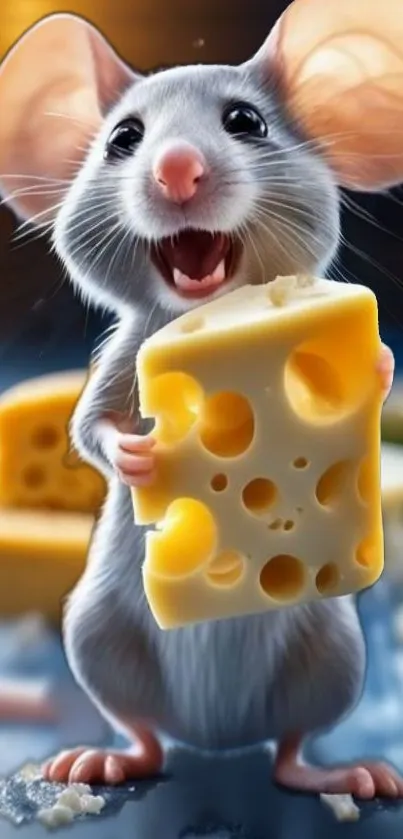 A cheerful mouse holds a slice of Swiss cheese, creating a whimsical wallpaper.