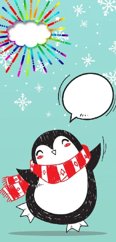 Adorable penguin with red scarf in a snowy, festive setting with fireworks.