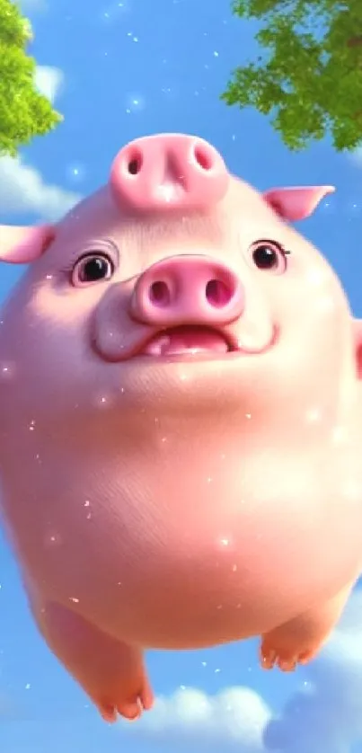 Cheerful pig flying through bright blue sky.