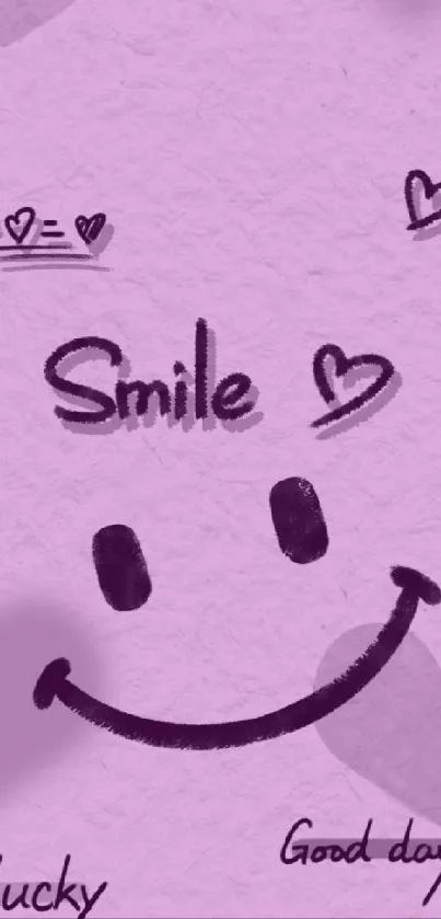 Cheerful purple wallpaper with smiley face and hearts.