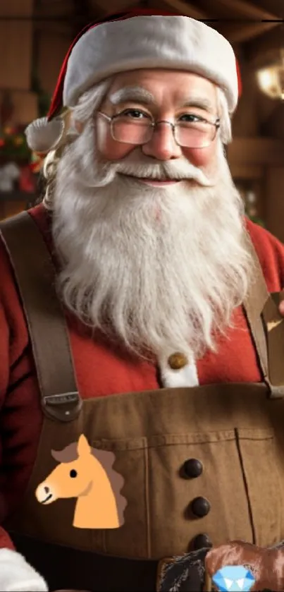 Cheerful Santa Claus with festive background and decorations.