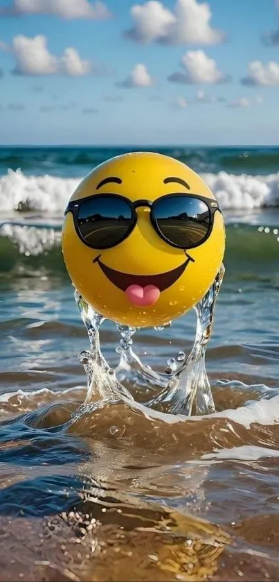 Emoji with sunglasses splashing in ocean waves on a bright beach day.