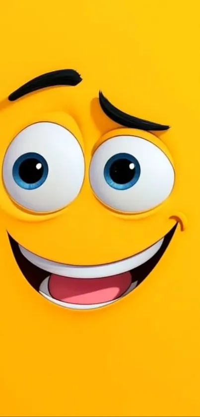 Smiling yellow emoji face with expressive eyes on a bright background.