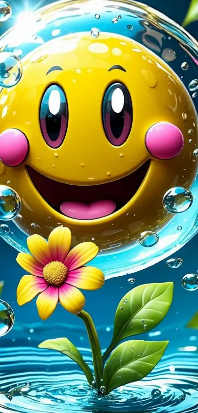 Cheerful smiley bubble with flowers and water.