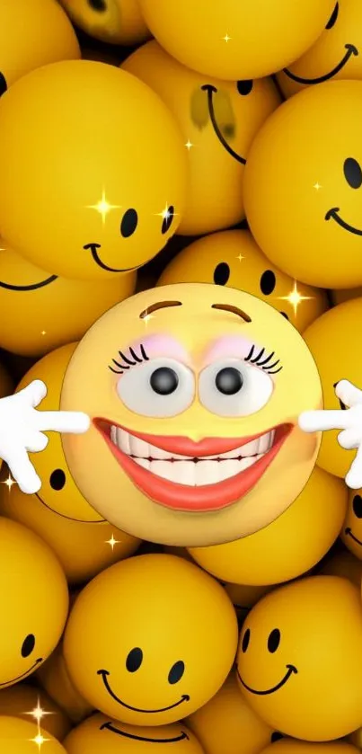 Wallpaper featuring a joyful smiley face among smiling yellow emojis.