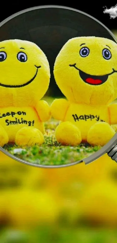 Cheerful smiley plush toys magnified in vibrant yellow theme.