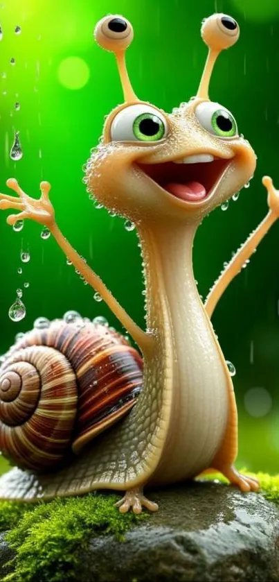 Joyful cartoon snail in vibrant rainforest with raindrops.