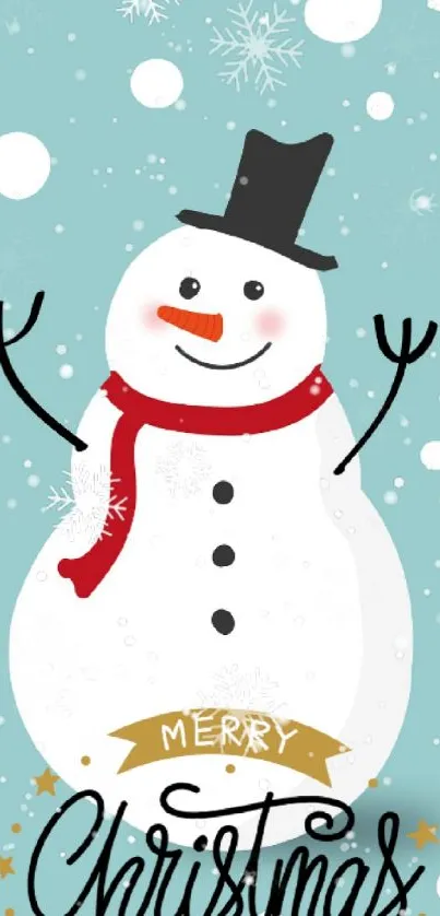 Cheerful snowman with snowflakes on a light blue Christmas background.