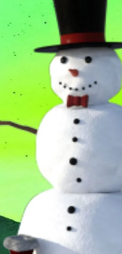 Cheerful snowman with top hat on vibrant green background.