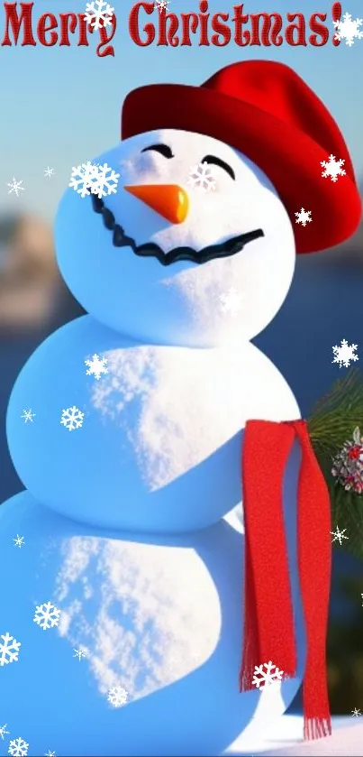 Snowman with red hat and scarf, Merry Christmas text.