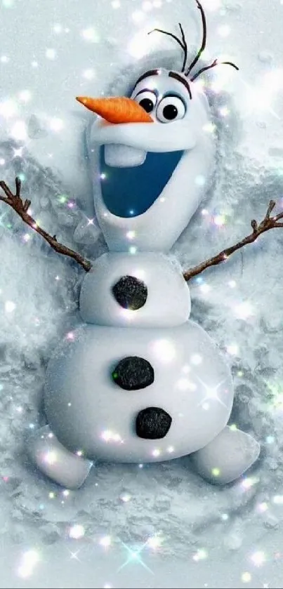 Cheerful snowman with glittering snow background.