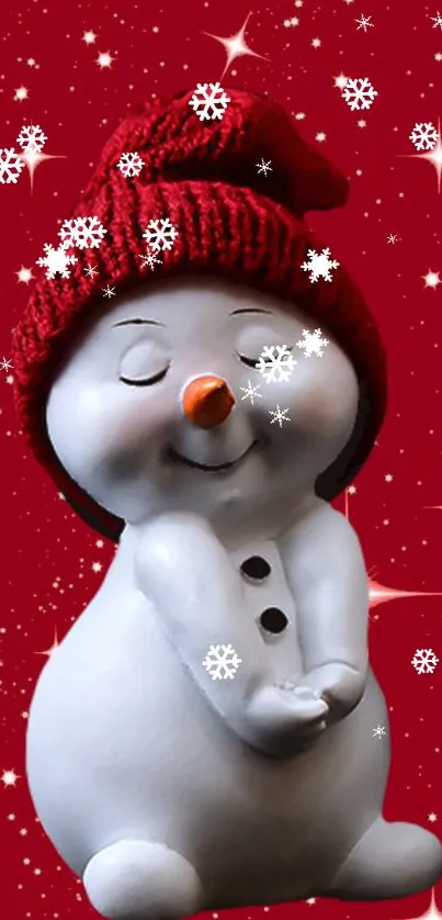 Festive snowman with red hat on snowy background.