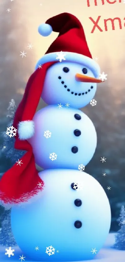 Cheerful snowman in a snowy forest, wearing a Santa hat with 'merry Xmas' text.