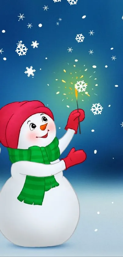 Cheerful snowman with sparkler in blue winter scene.