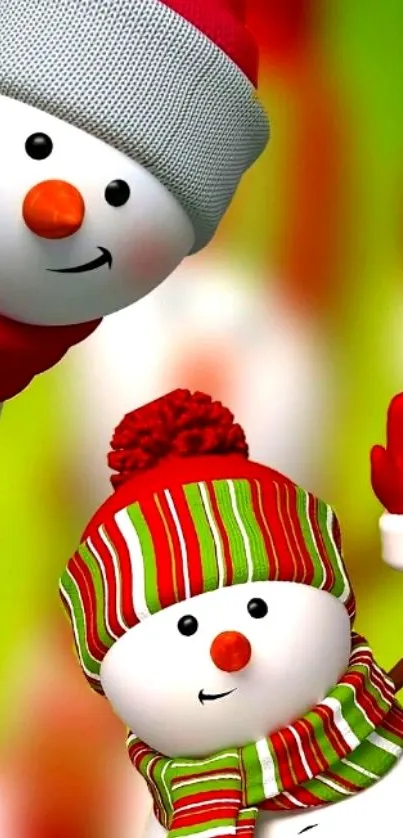 Festive snowman wallpaper with bright holiday colors and cheerful expressions.