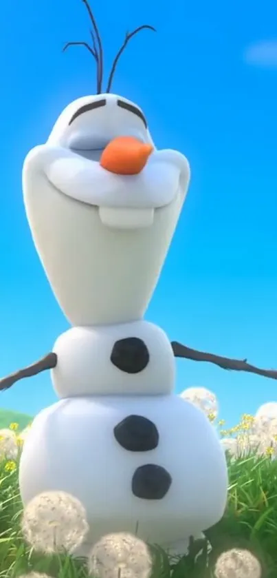 Cheerful snowman in a sunny, green field with a bright blue sky background.