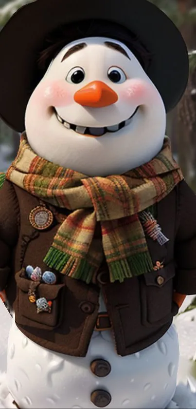 Cheerful snowman in a winter forest with a plaid scarf and button eyes.