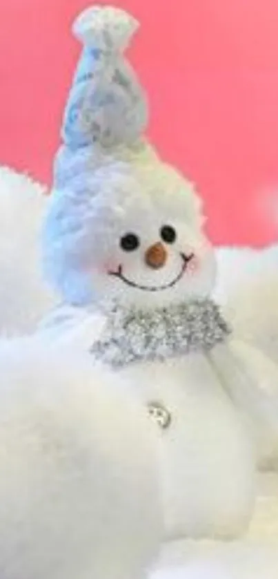 Charming snowman with blue hat on a pink background.