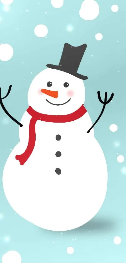 Cheerful snowman with hat and scarf on snowy light blue background.