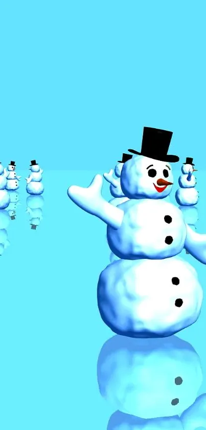 Snowman mobile wallpaper with sky blue background and cheerful snowmen.