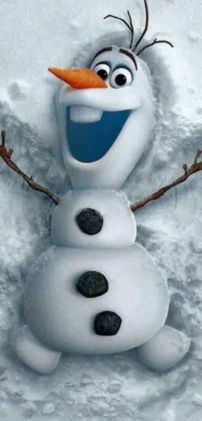 Cheerful snowman making a snow angel in winter scene.