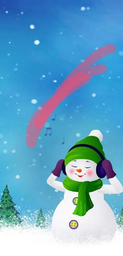 Cheerful snowman in snowy forest with music notes.