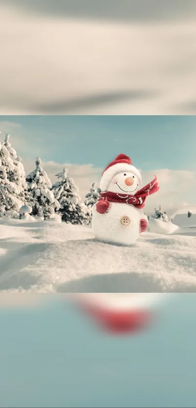 Cheerful snowman in a snowy winter wonderland with trees and blue sky.